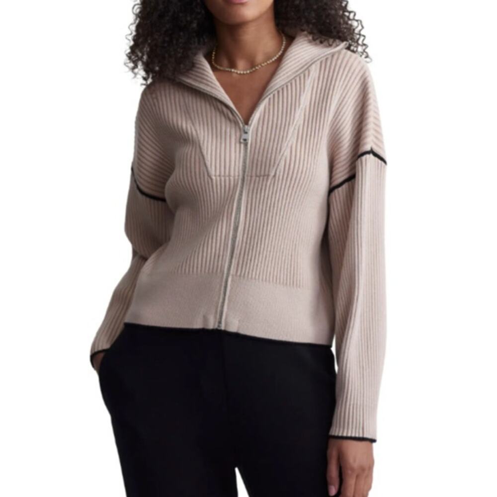 Varley Carmen Cardigan Sweater Tan Rib Knit Zip Up Stand Collar Women's S